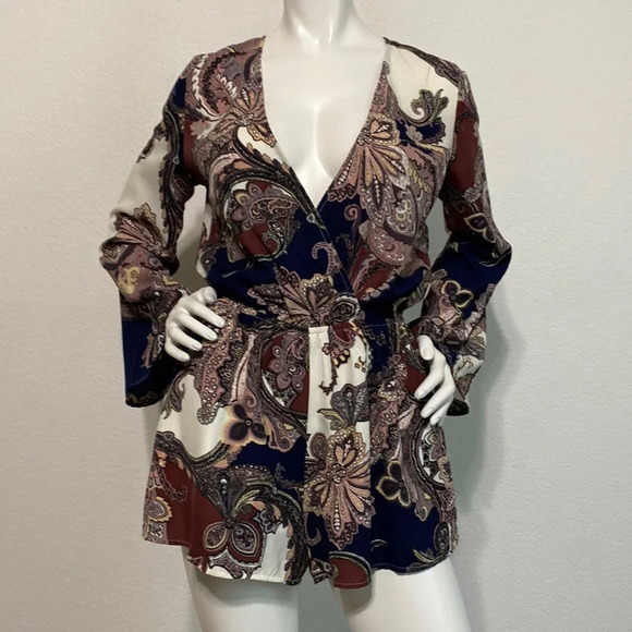 Illa Illa Paisley Blue Brown Boho Long Sleeve Romper Size S - Picture 1 of 8